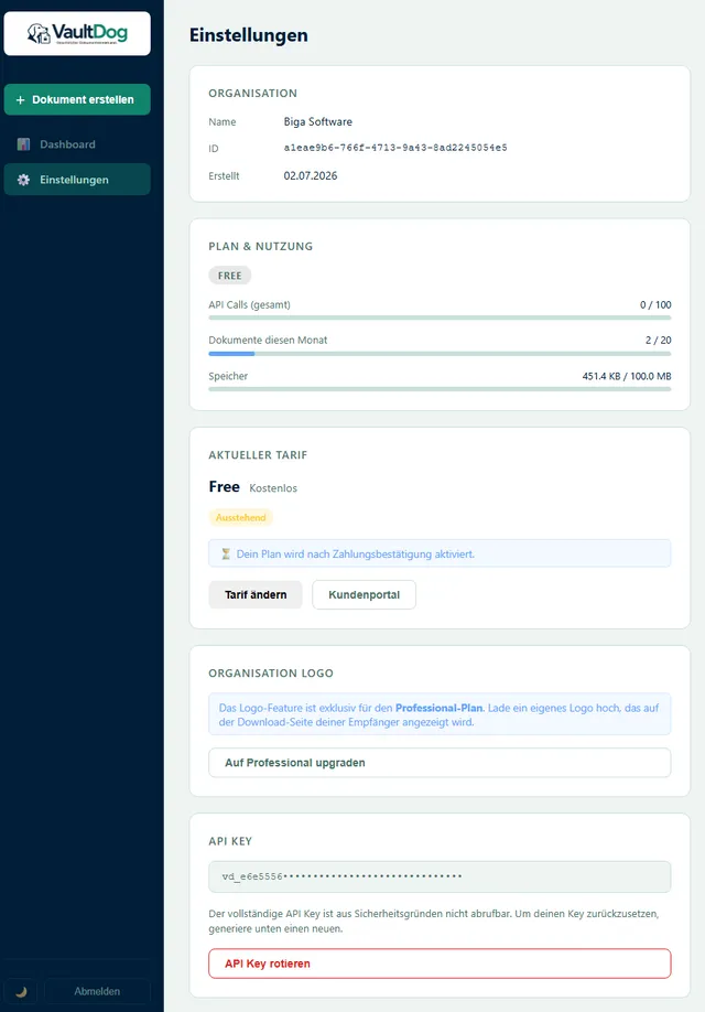 VaultDog Einstellungen mit API Key und Nutzungsübersicht